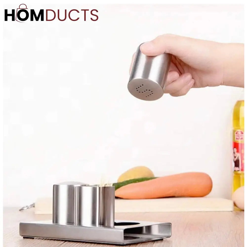Luxury Stainless Steel Salt & Pepper Shaker Set with Toothpick Holder