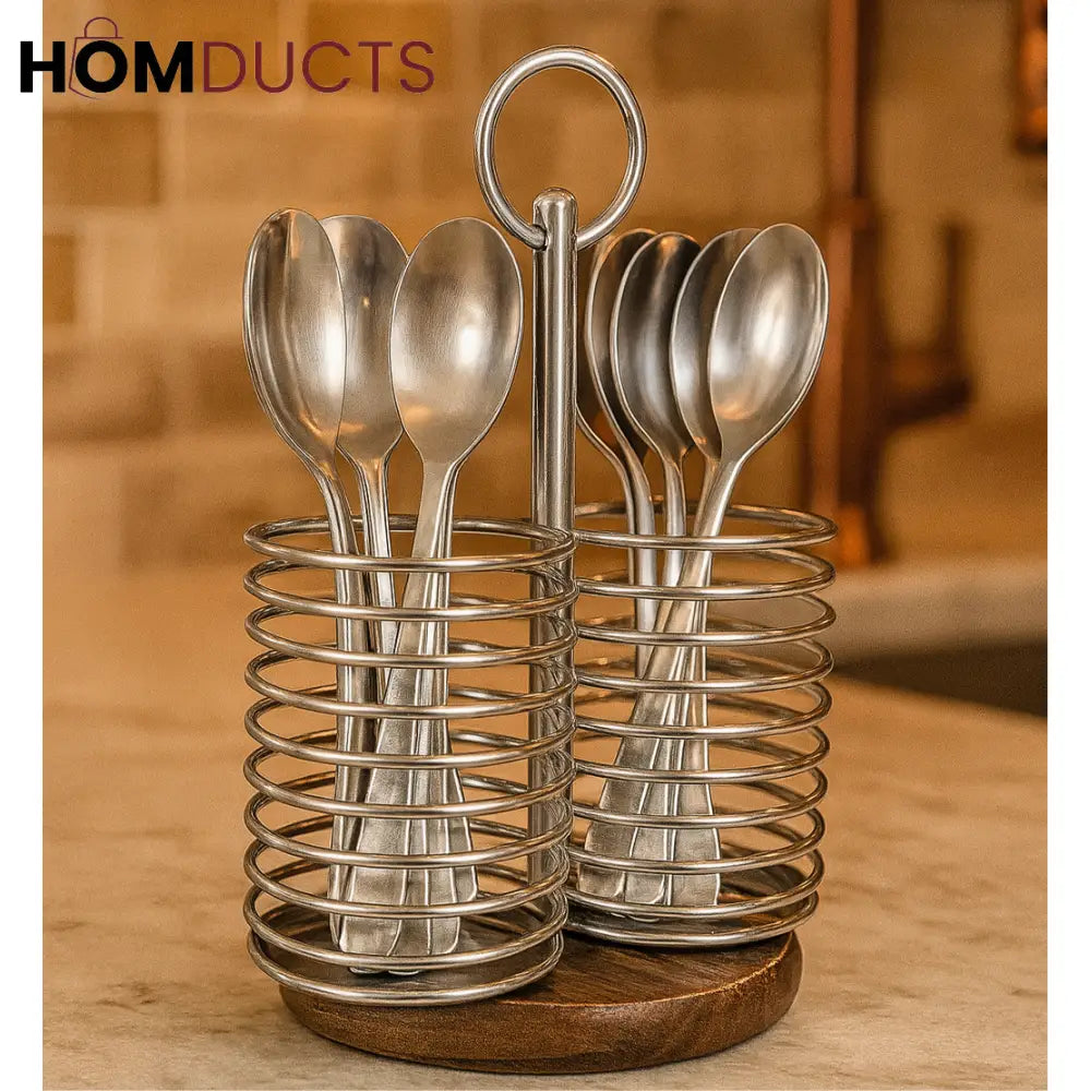 Luxury Stainless Steel Spoon Holder with Wooden Base – Dual Compartment Utensil Organizer