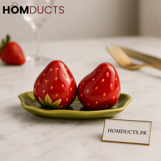 Luxury Strawberry Shaped Pepper & Salt Shaker Set with Leaf Tray