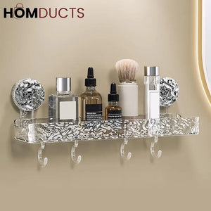 Single straight suction bathroom shelf with hooks and bottles