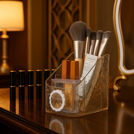Luxury Textured Acrylic Makeup Organizer – 3-Compartment Brush & Lipstick Holder