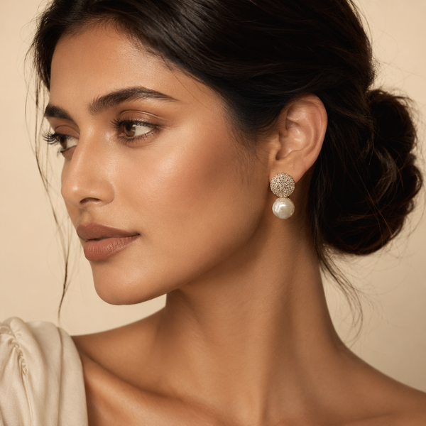 Luxury textured pearl drop earrings worn by a female model