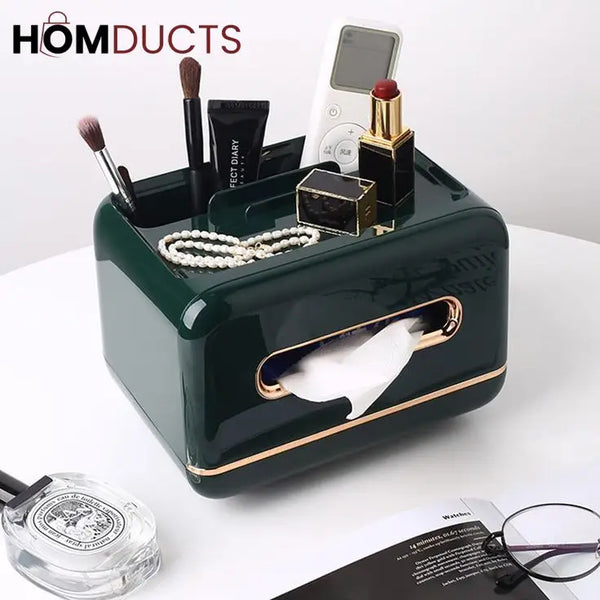 Luxury Tissue Box Organizer with Makeup & Accessory Storage – Multi-Functional Vanity Caddy with Gold Trim for Bathroom