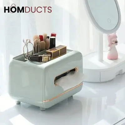 Luxury Tissue Box Organizer with Makeup & Accessory Storage – Multi-Functional Vanity Caddy with Gold Trim for Bathroom