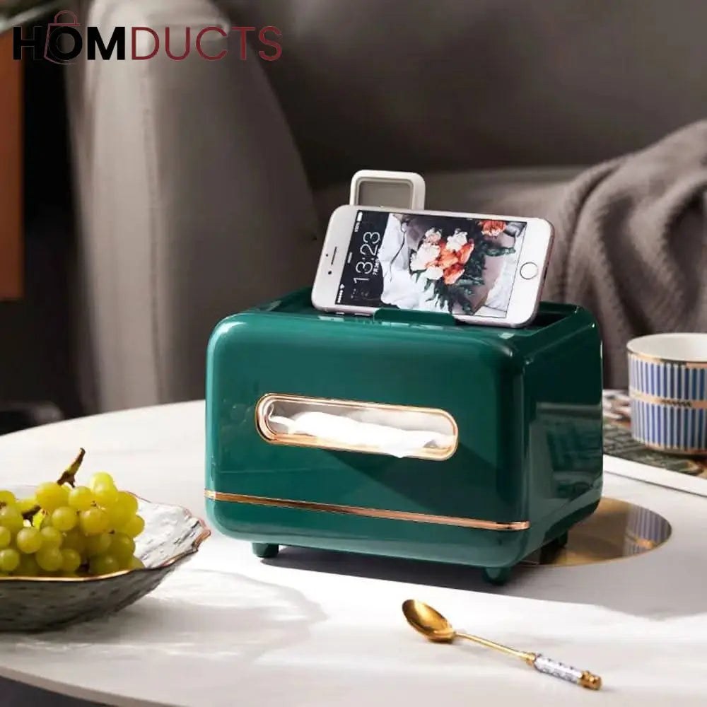 Luxury Tissue Box Organizer with Makeup & Accessory Storage – Multi-Functional Vanity Caddy with Gold Trim for Bathroom