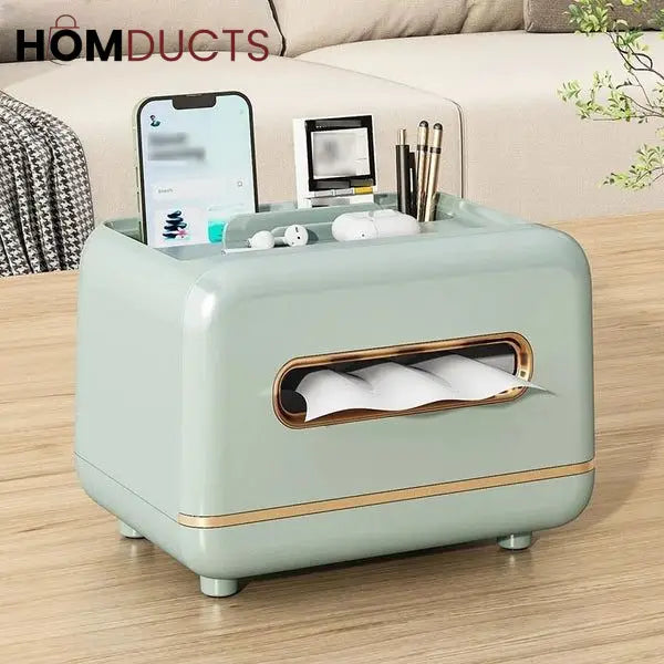 Luxury Tissue Box Organizer with Makeup & Accessory Storage – Multi-Functional Vanity Caddy with Gold Trim for Bathroom