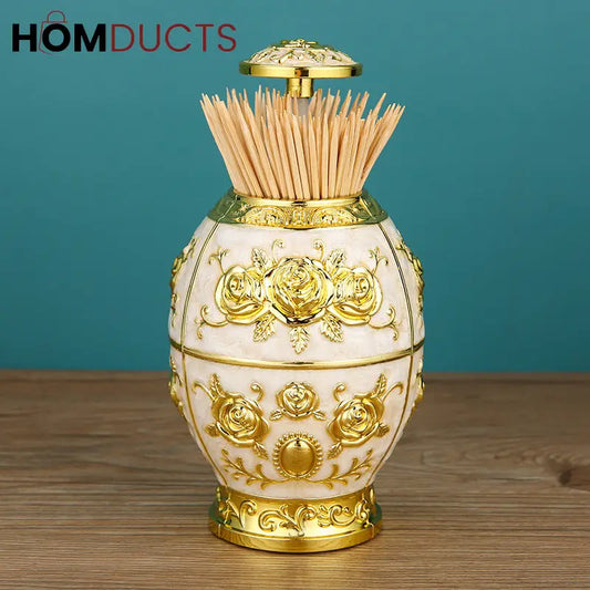 Luxury Toothpick Holder with Lid – Vintage Ornate Pearl & Gold Design for Dining Table Decor