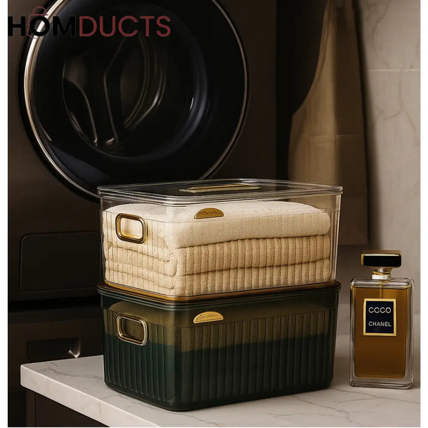 Luxury Transparent Storage Organizer Box with Lid – Multipurpose Plastic Basket for Laundry Closet & Home Use