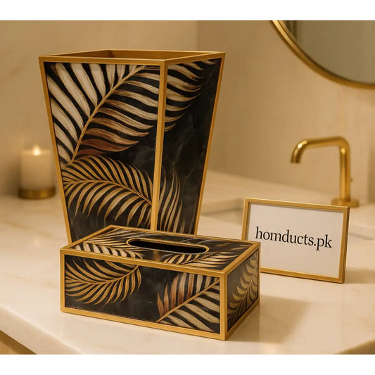 Luxury Tropical Leaf Waste Bin & Tissue Box Set – Gold Frame Finish