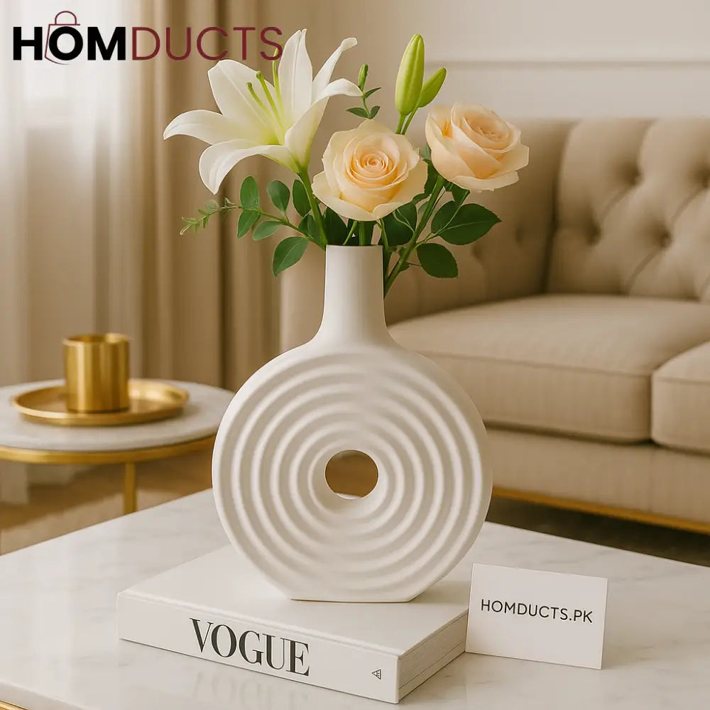 Luxury White Ceramic Ripple Vase – Modern Decorative Flower Vase for Living Room & Home Décor