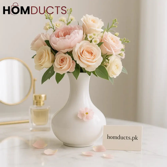 Luxury White Ceramic Vase with Pastel Floral Arrangement – Elegant Home & Vanity Décor