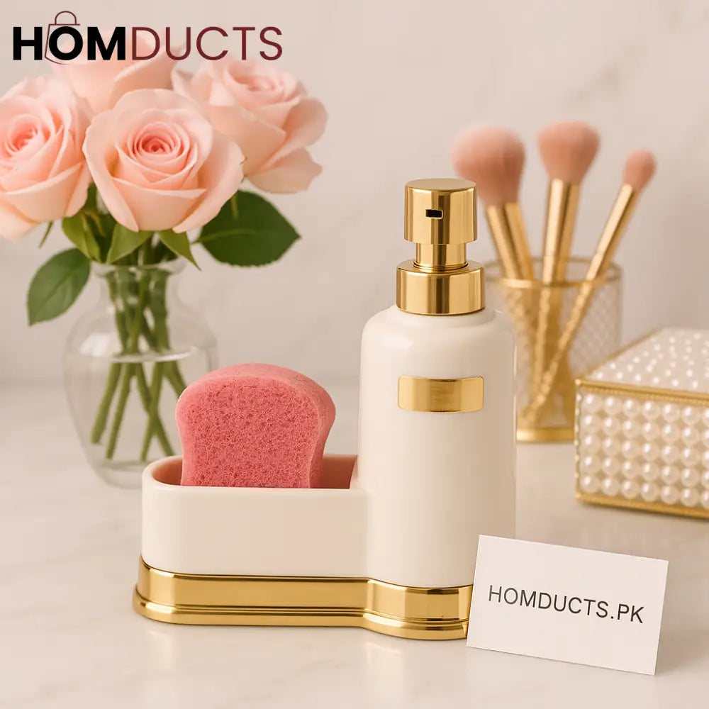 Luxury White & Gold Soap Dispenser with Sponge Holder – Elegant Vanity & Kitchen Accessory