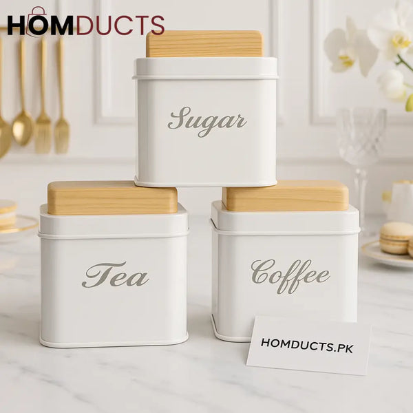 Luxury White Tea Coffee & Sugar Canister Set with Wooden Lids