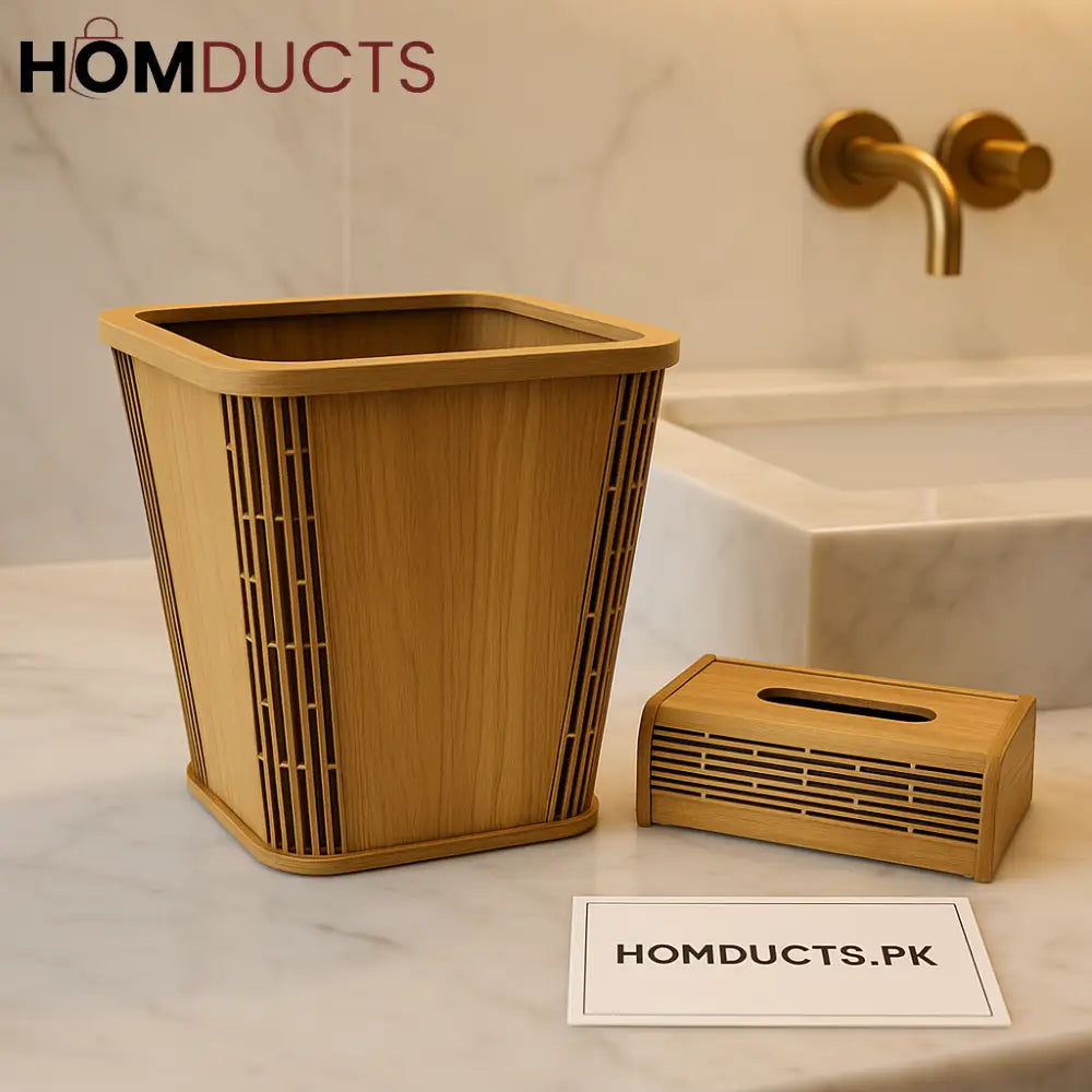 Luxury Wooden Dustbin & Tissue Box Set – Premium Bamboo Finish for Modern Interiors