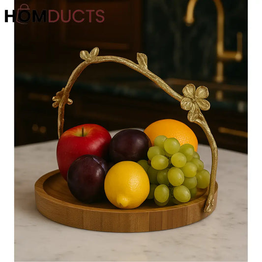 Luxury Wooden Fruit Tray with Golden Floral Handle
