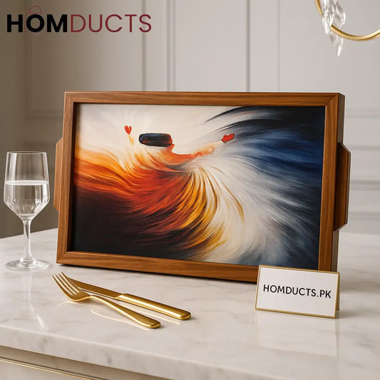 Luxury Wooden Serving Tray with Abstract Art – Premium Home Décor Accent