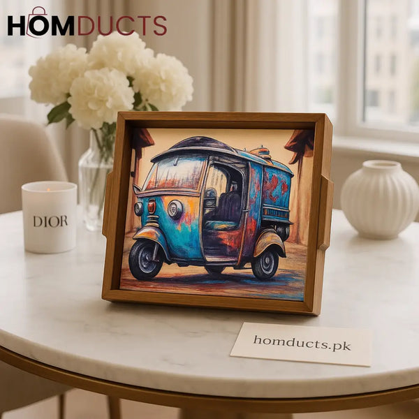 Luxury Wooden Serving Tray with Hand Painted Rickshaw Art
