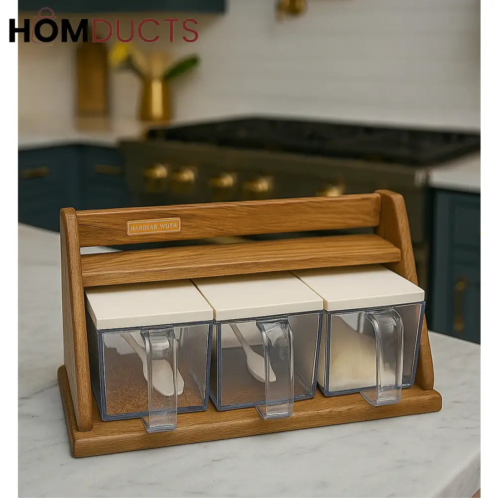 Luxury Wooden Spice & Sugar Organizer – 3 Container Set