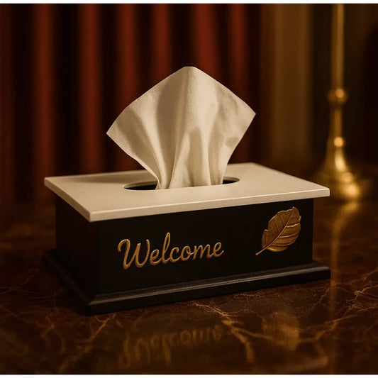Luxury Wooden Tissue Box with Gold “Welcome” Emblem