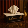 Luxury Wooden Tissue Box with Gold “Welcome” Emblem