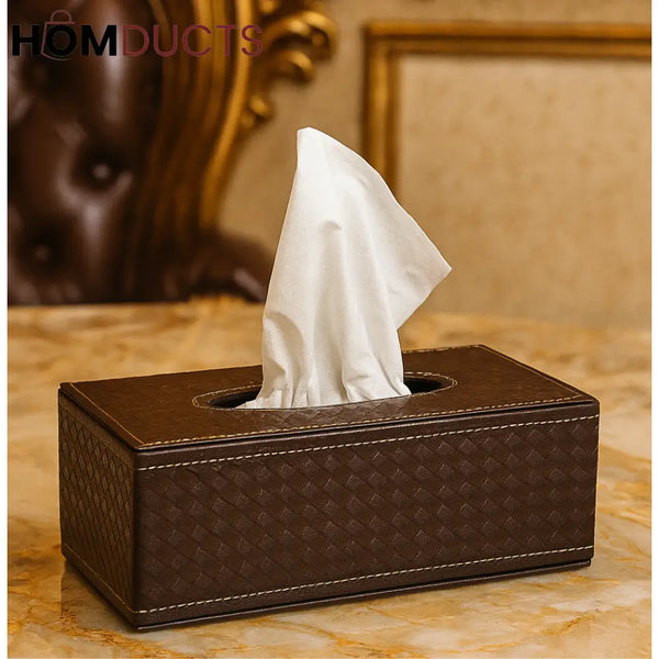 Luxury Woven Leather Tissue Box – Elegant Tabletop Dispenser