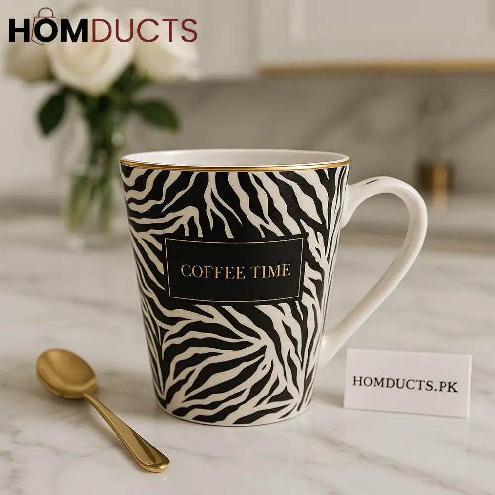 Luxury Zebra Print Ceramic Coffee Mug – Gold Rim “Coffee Time”