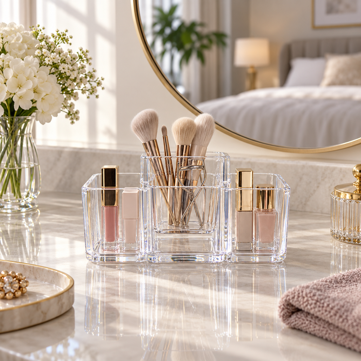 Clear acrylic multi-compartment organizer on a luxury vanity