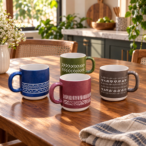 4-Piece Etched Pattern Ceramic Coffee Mug Set showing all four mugs