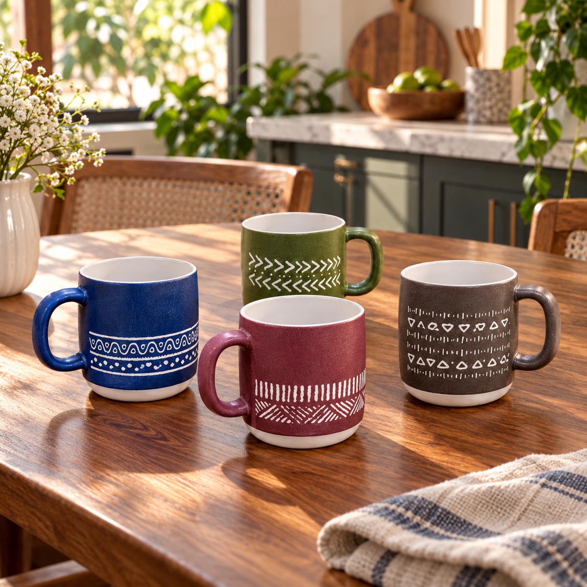 4-Piece Etched Pattern Ceramic Coffee Mug Set showing all four mugs
