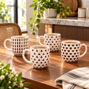 4-Piece Geometric and Heart Ceramic Coffee Mug Set showing all four mugs