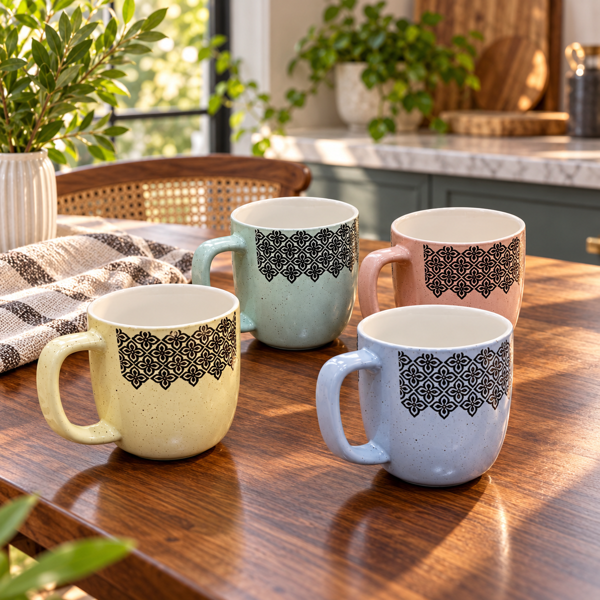 4-Piece Ornamental Ceramic Coffee Mug Set showing all four mugs