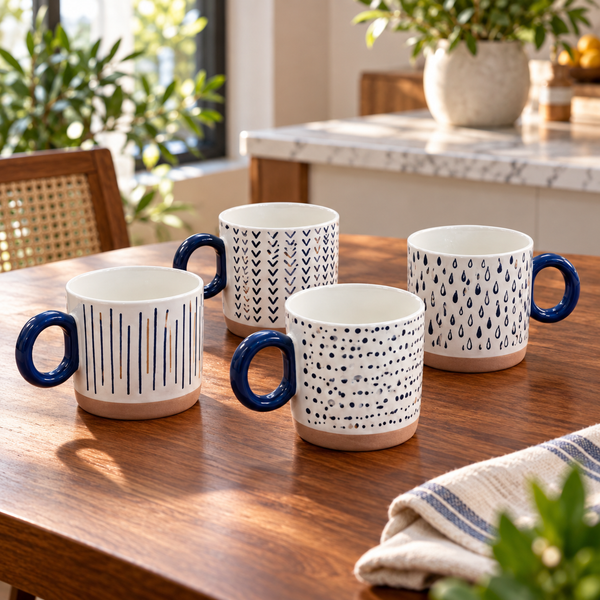 4-Piece Mixed Pattern Ceramic Coffee Mug Set showing all four mugs