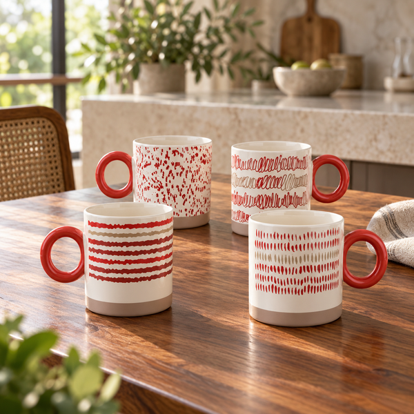 4-Piece Abstract Pattern Ceramic Coffee Mug Set showing all four mugs