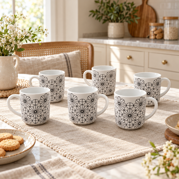 Manal black floral lace 6-piece ceramic mug set in a premium kitchen