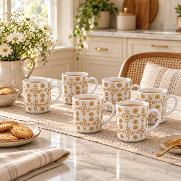 Manal gold floral lattice 6-piece ceramic mug set in a premium kitchen