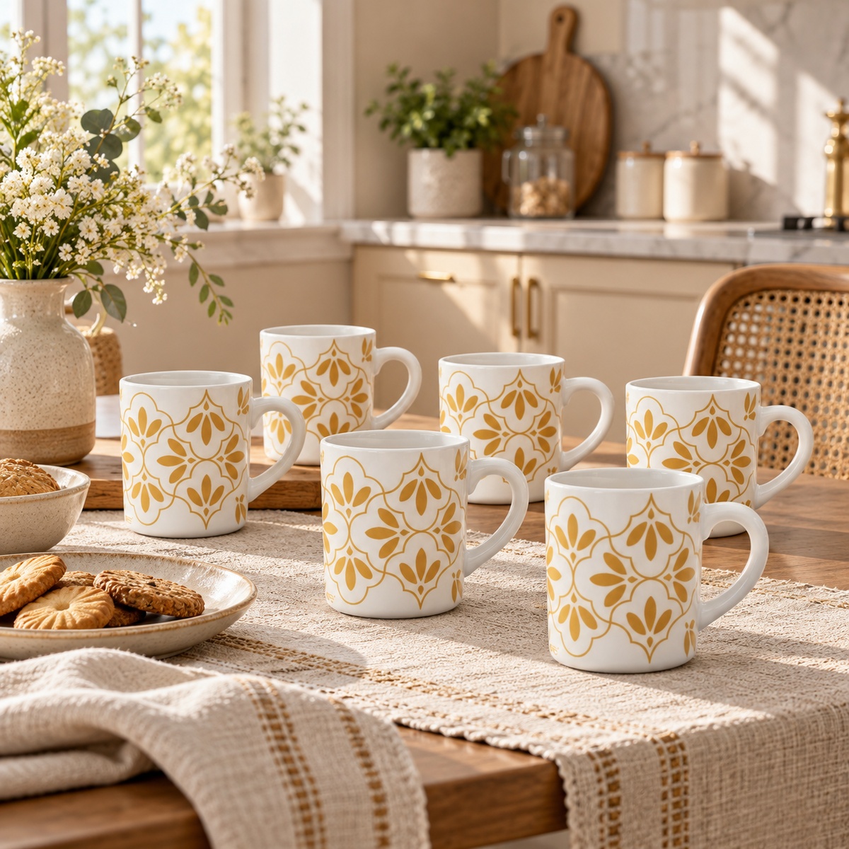 Manal gold ornamental 6-piece ceramic mug set in a premium kitchen