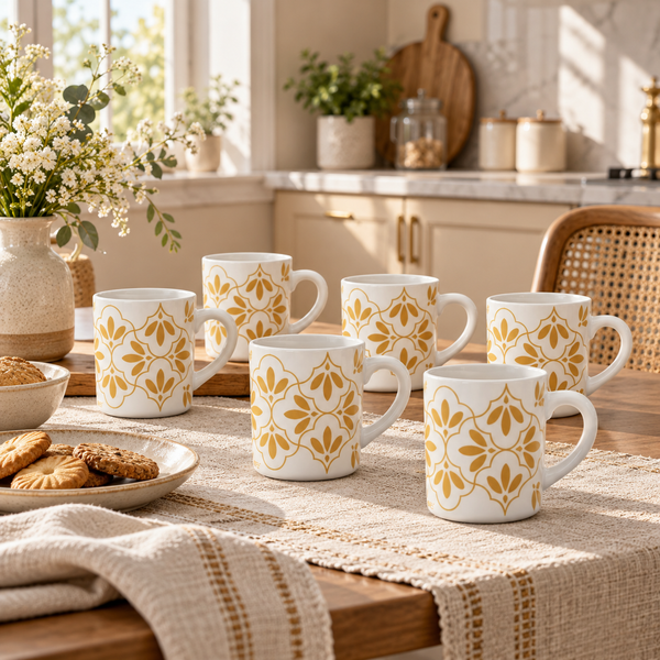 Manal gold ornamental 6-piece ceramic mug set in a premium kitchen