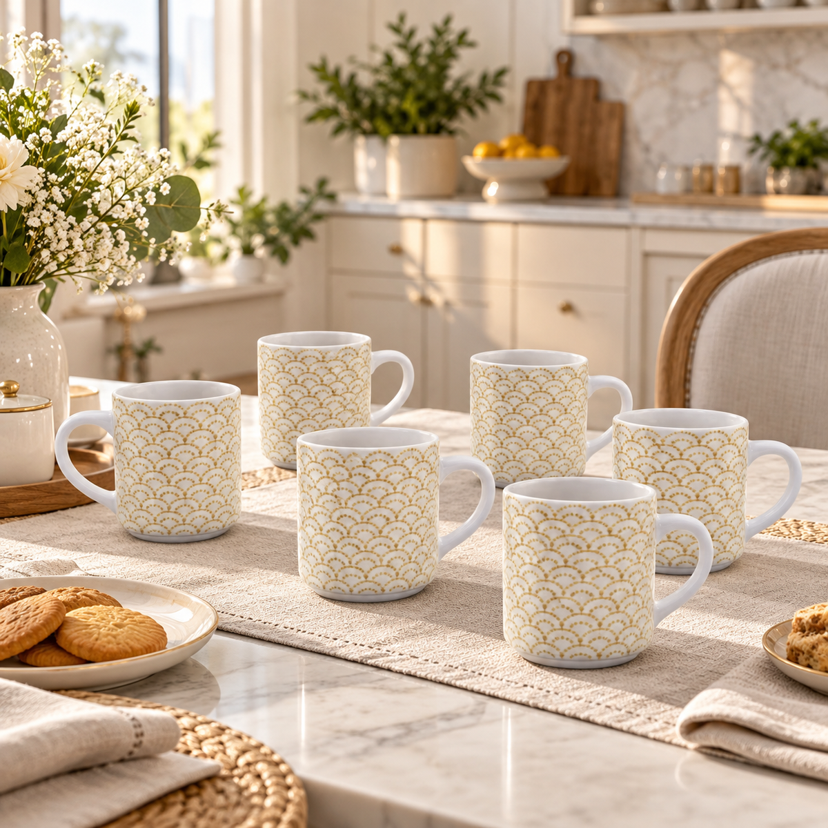 Manal gold scallop 6-piece ceramic mug set in a premium kitchen