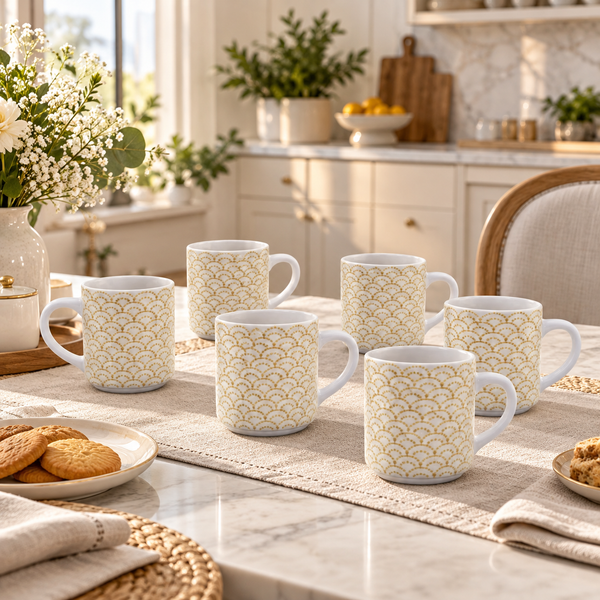 Manal gold scallop 6-piece ceramic mug set in a premium kitchen