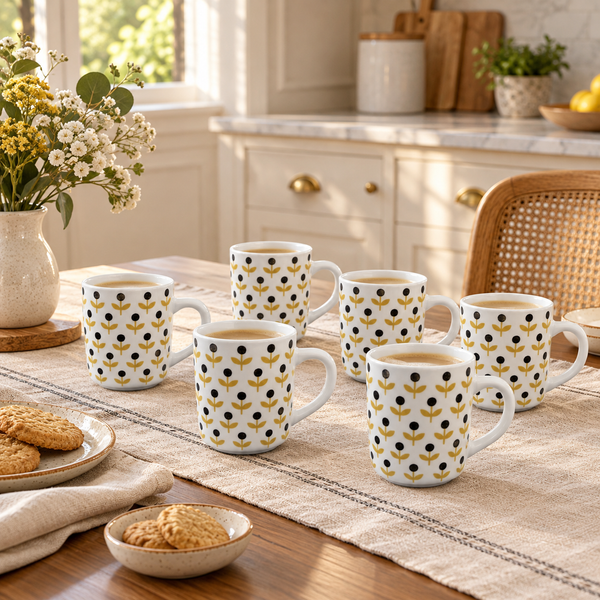 Manal mustard and black botanical 6-piece ceramic mug set in a premium kitchen