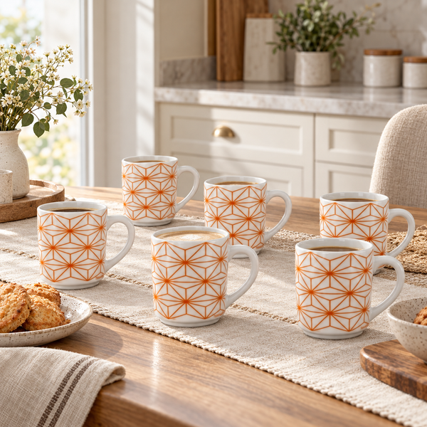 Manal orange geometric 6-piece ceramic mug set in a premium kitchen