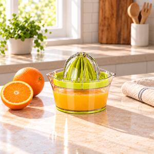 Clear and green manual citrus juicer on a kitchen counter