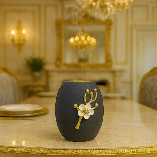 Matte Black Floral Incense Burner – Gold Accent Oval Aromatherapy Holder