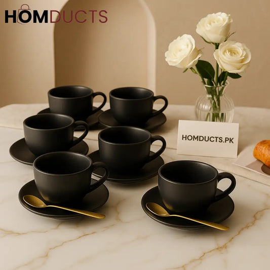 Matte Black Luxe 6-Piece Ceramic Tea Cup & Saucer Set – Premium Modern Tableware