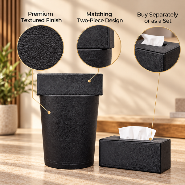 Premium Matte Black Textured Tissue Box & Dustbin Set feature details