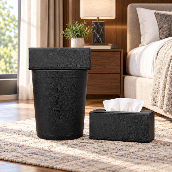 Premium Matte Black Textured Tissue Box & Dustbin Set lifestyle image