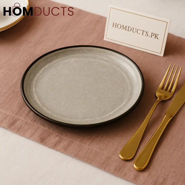 Matte Glazed Grey Stoneware Dessert Plate – Black Rim Finish