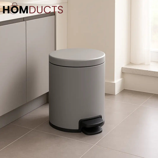 Matte Grey Round Pedal Bin – Soft-Close Trash Can for Kitchen or Bathroom