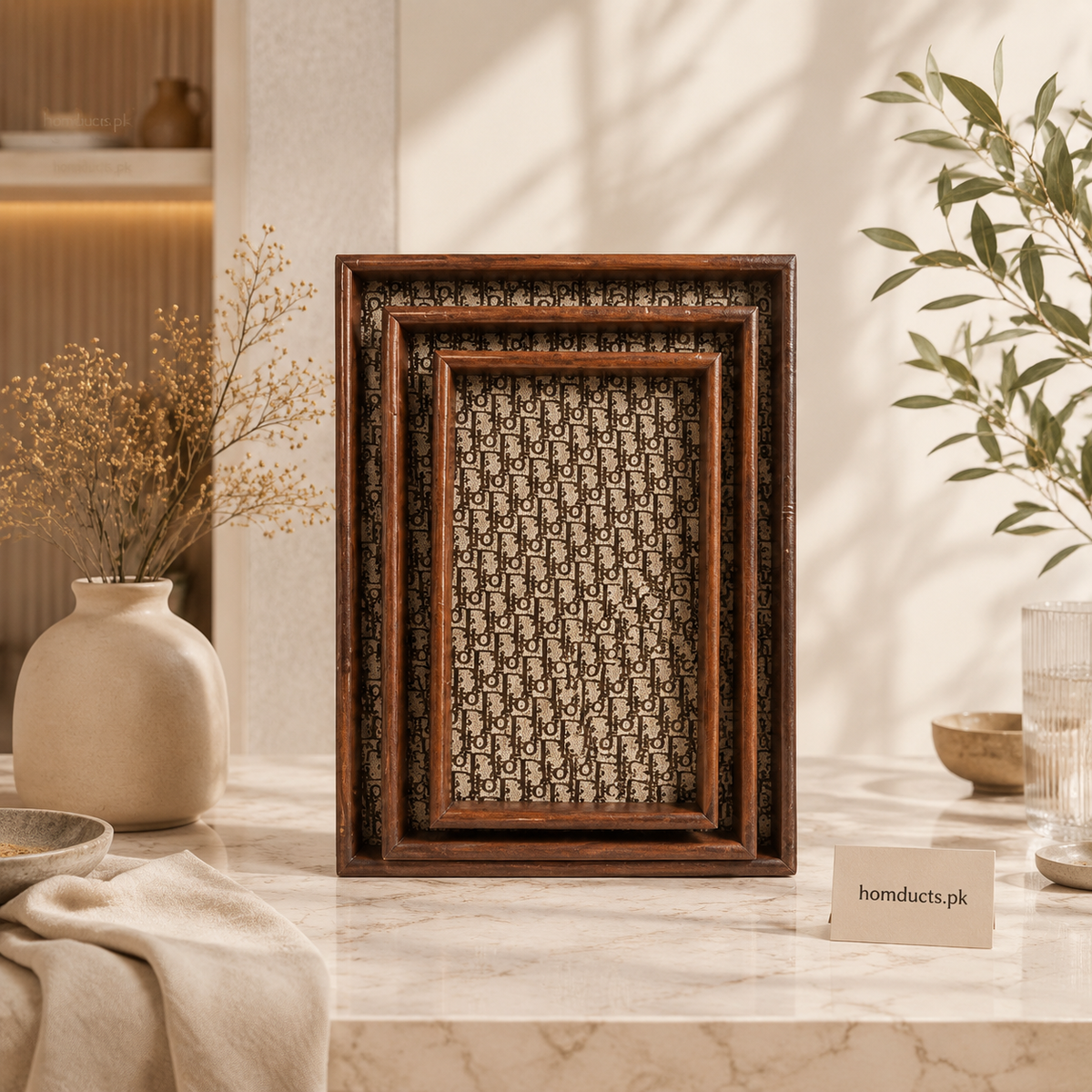 Three piece decorative MDF serving tray set