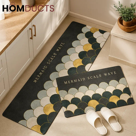 Mermaid Scale Wave Kitchen Mat Set – 2-Piece Anti-Fatigue Rugs in Gold & Teal